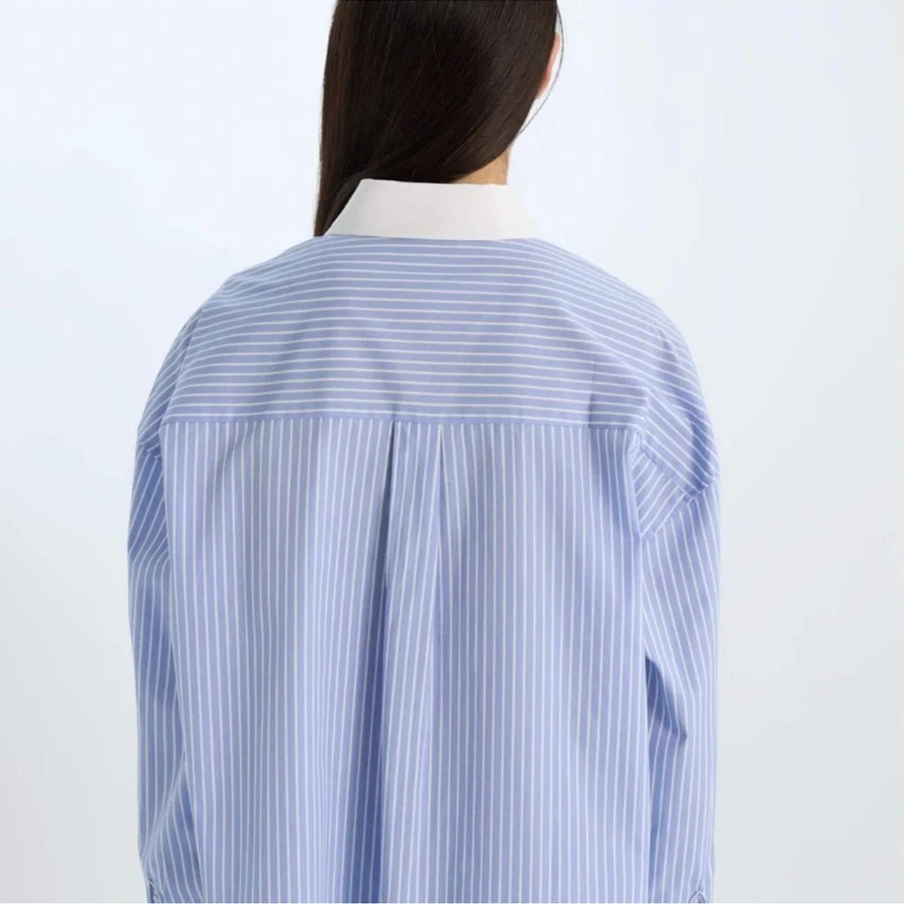 &merci Oversize Fit Striped Poplin Long Sleeve Shirt Blue Cotton Large NWTS - Picture 3 of 5